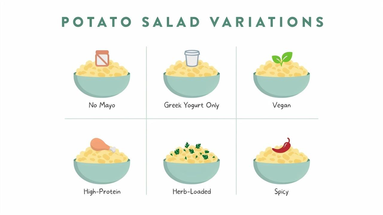 Infographic showing six variations of healthy potato salad including vegan, high-protein, and spicy options.