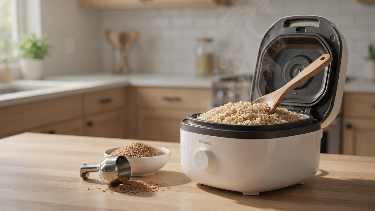 Perfectly cooked fluffy brown basmati rice inside a rice cooker on a bright modern kitchen countertop with uncooked rice and measuring cup beside it.
