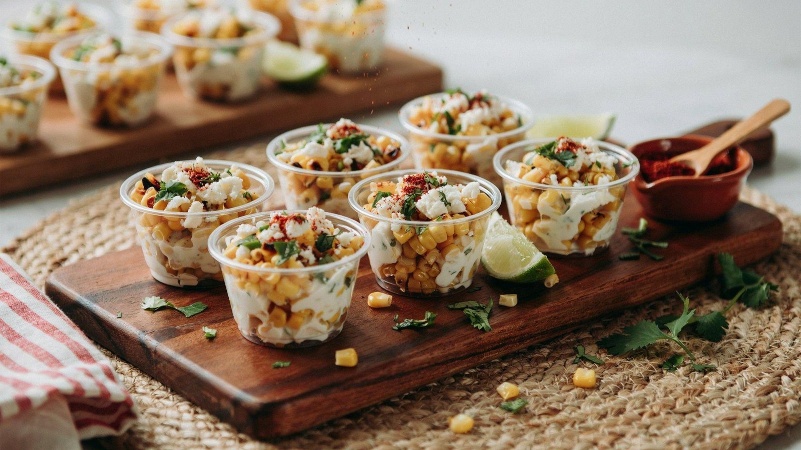 Healthy esquites served in cups with grilled corn, Greek yogurt, cotija cheese, cilantro, and lime.