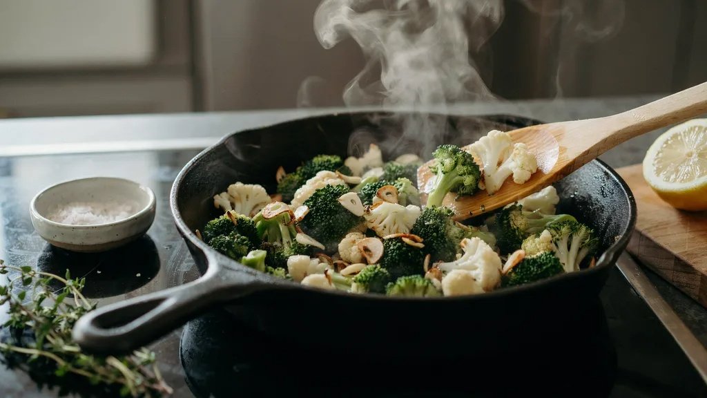 Garlic sautéing in olive oil in a skillet.