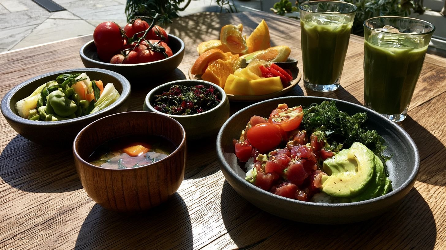 Tuna avocado rice bowl served with healthy side dishes and green tea.