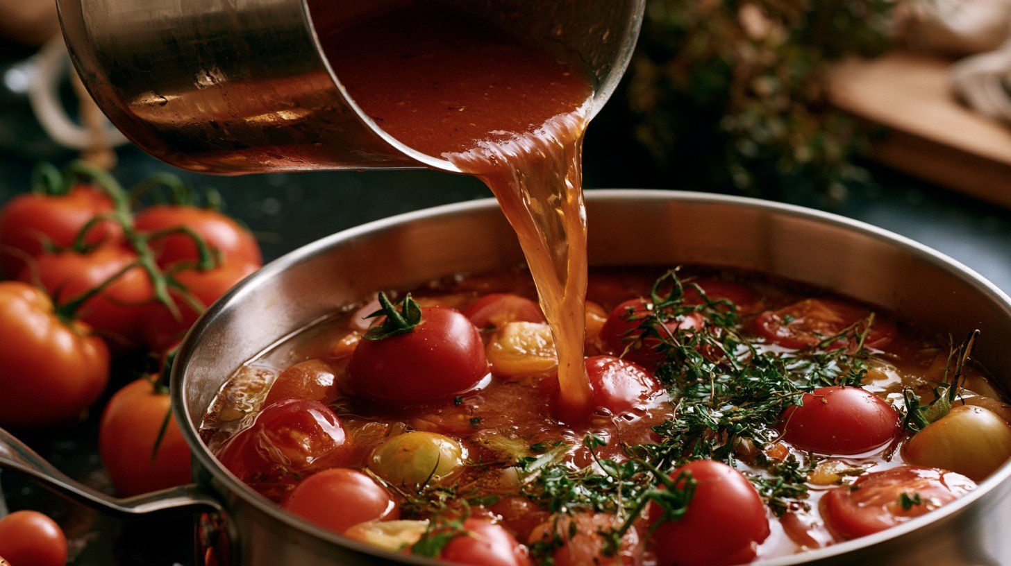 Tomato broth being added to vegetables for stew.