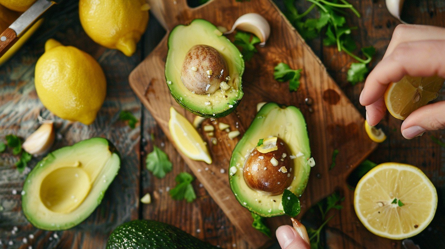 Overhead shot of fresh avocado cut in half with pit removed, peeled garlic cloves, lemon being squeezed.