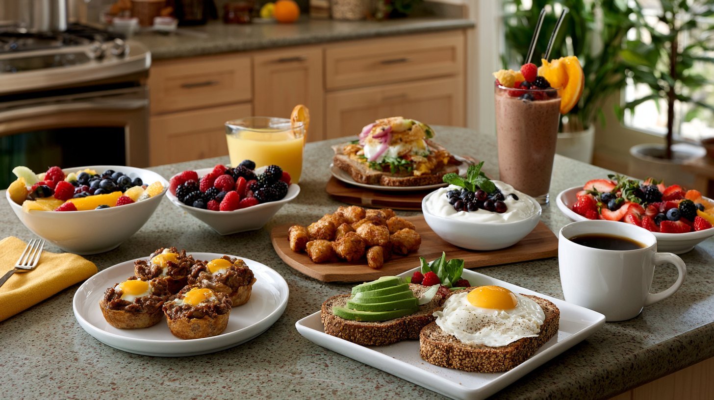 Complete breakfast served with egg and sausage bites and healthy sides.