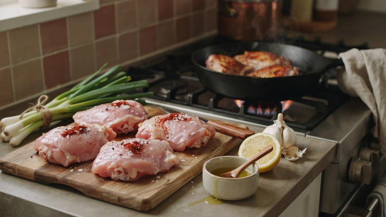 Chicken thighs seasoned with spices and browned in a cast-iron skillet until golden.