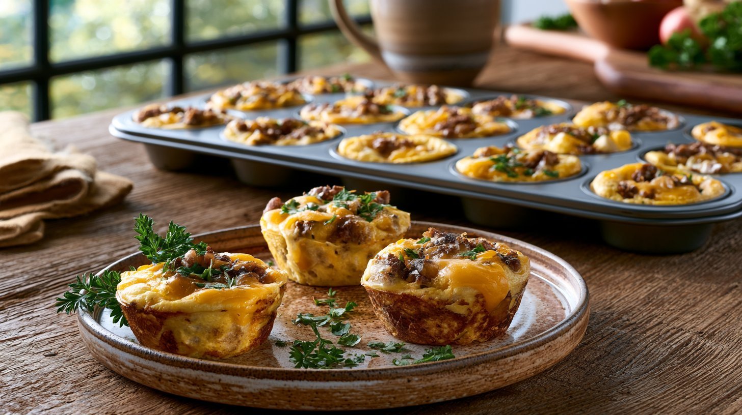 Homemade egg and sausage bites served on a plate beside a muffin tin with fresh breakfast ingredients.