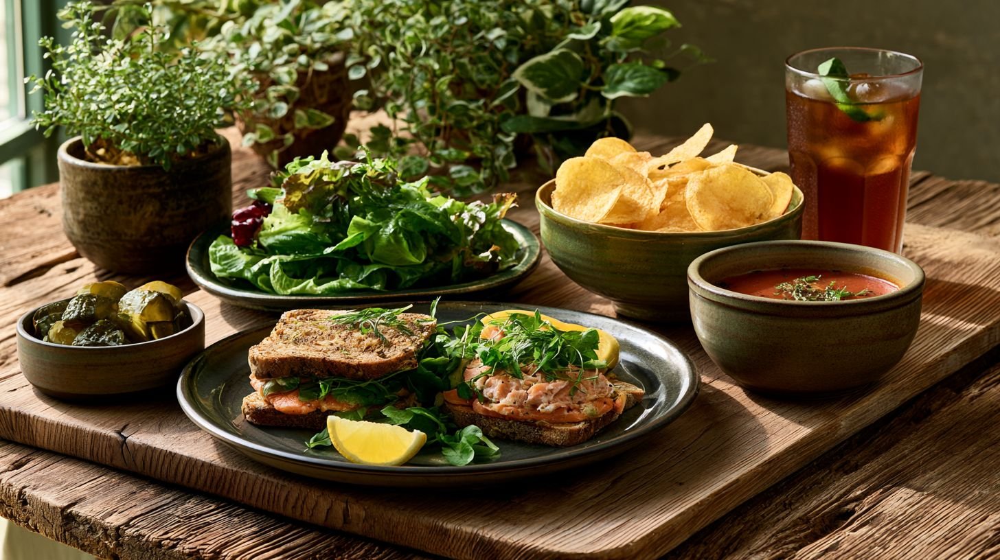 Salmon sandwich served with chips, salad, and soup.