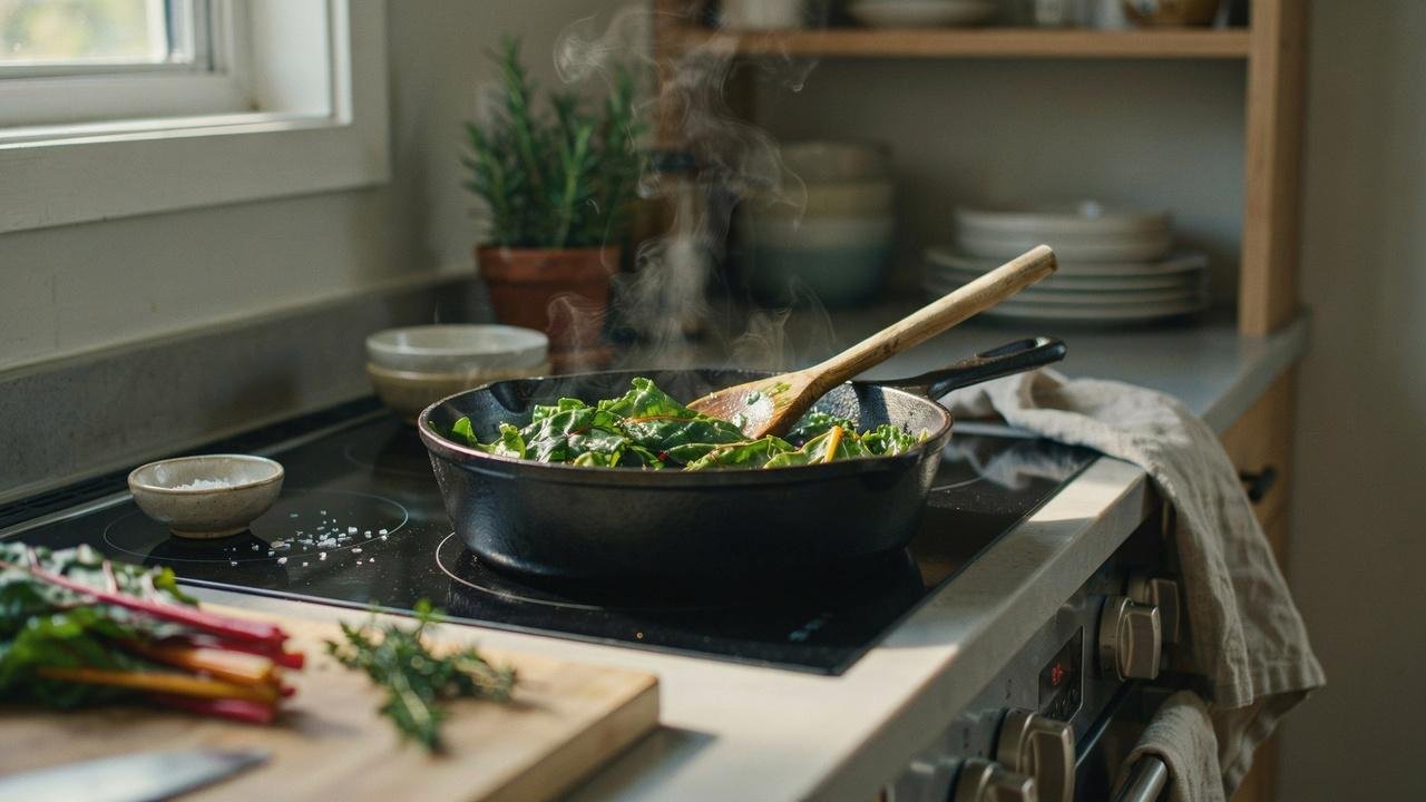 Fresh leafy greens wilting in a skillet while staying bright green.