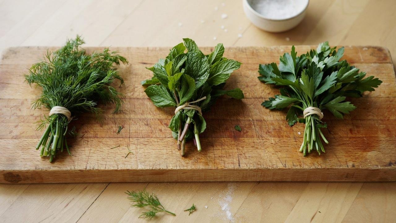 A wooden cutting board with small bundles of fresh dill, mint leaves, and flat leaf parsley arranged side by side.