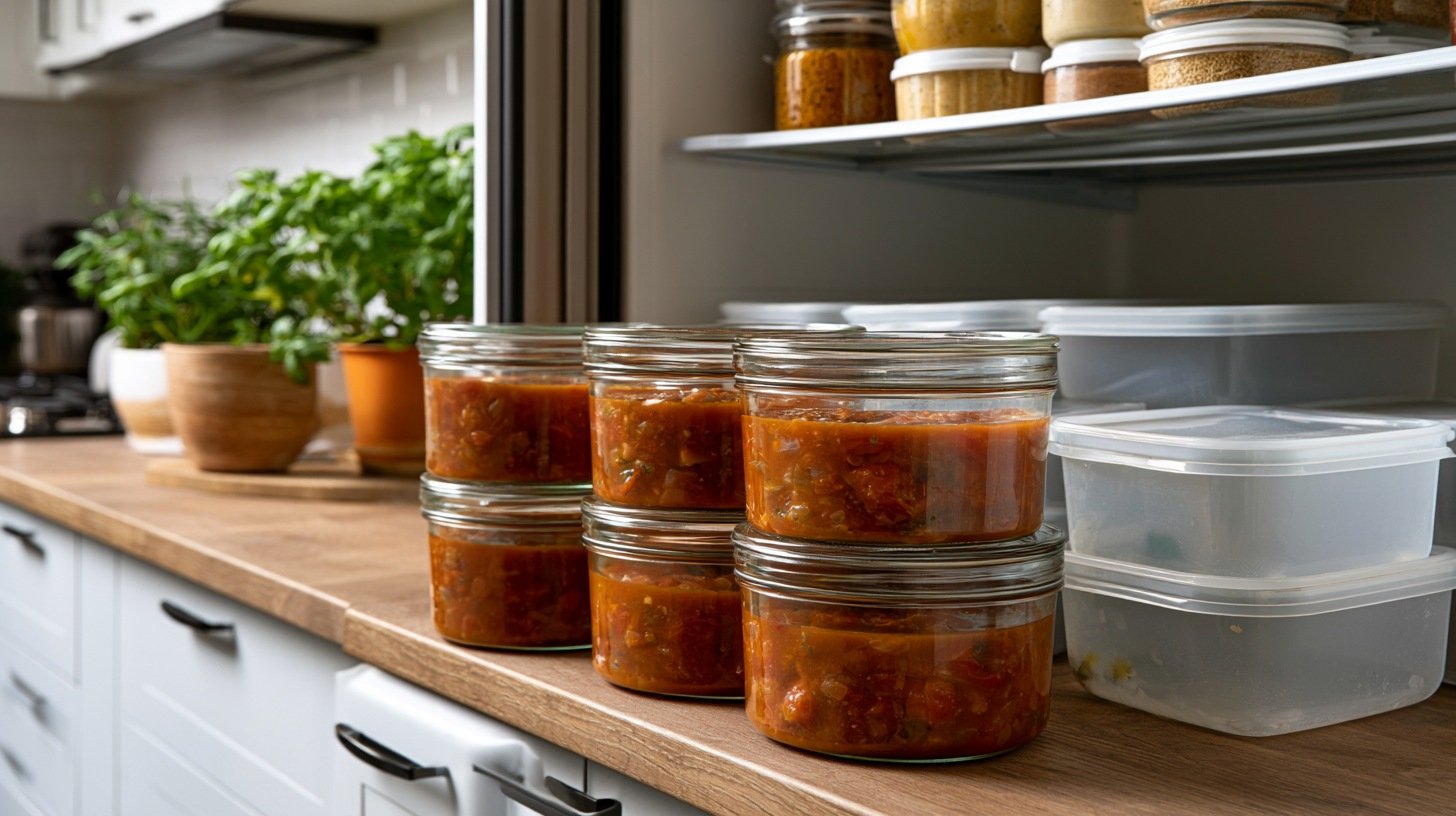 Cherry tomato soup stored in airtight containers for refrigeration and freezing.