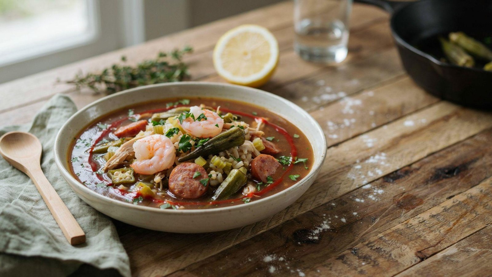 Healthy gumbo served over brown rice with parsley garnish and rich flavorful broth.