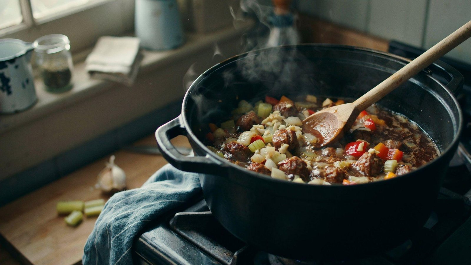 Onion, celery, bell pepper, and garlic cooking with roux and turkey sausage in pot.
