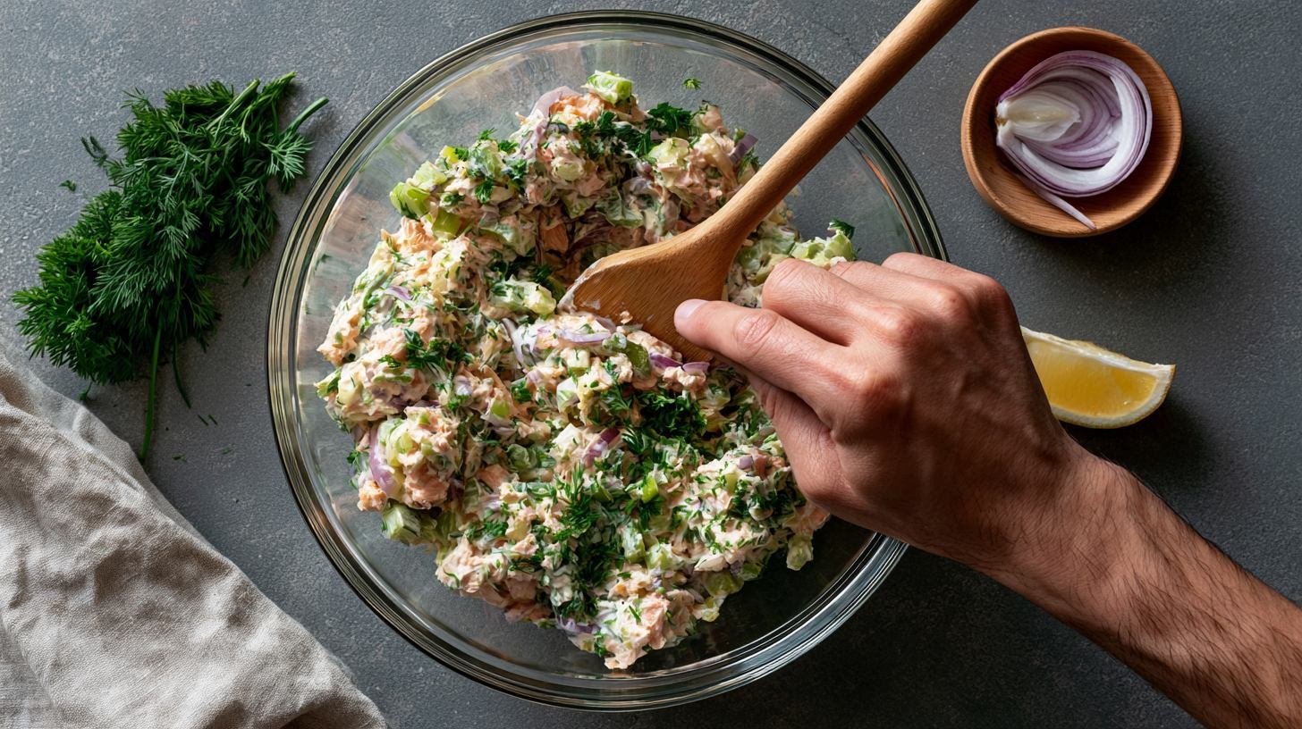 Mixing salmon salad ingredients in a bowl.