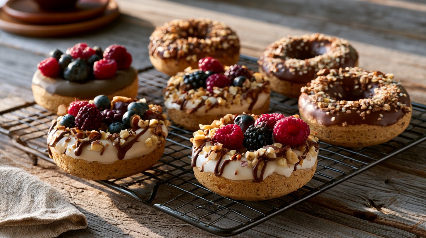 Freshly baked healthy donuts with natural toppings on a cooling rack.