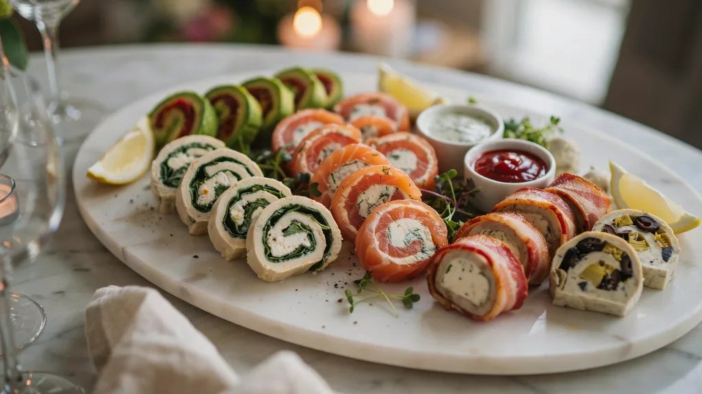 Different keto pinwheel recipe variations on a serving platter.