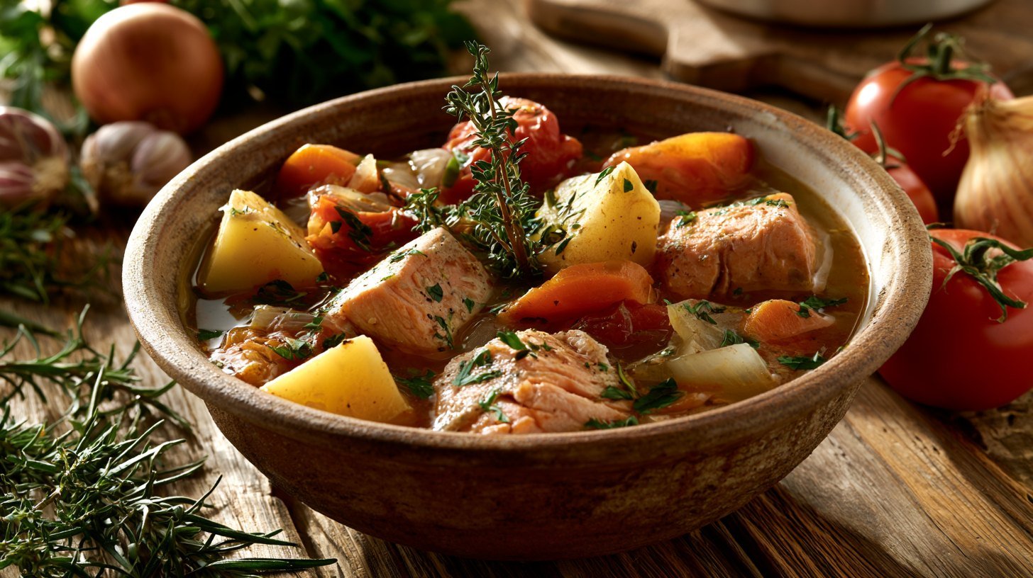 Comforting homemade salmon stew served for a family meal.