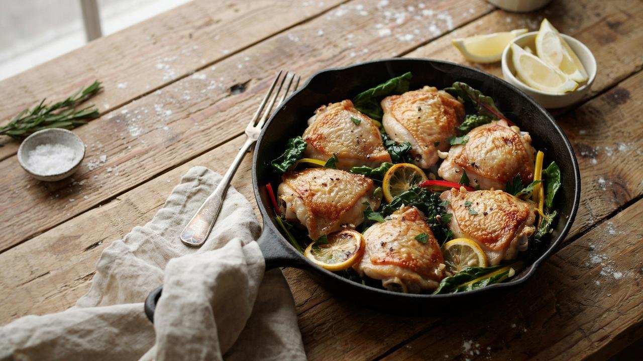 Golden-brown chicken thighs cooked with vibrant sautéed greens in a rustic cast-iron skillet, garnished with lemon slices and fresh parsley on a wooden table.