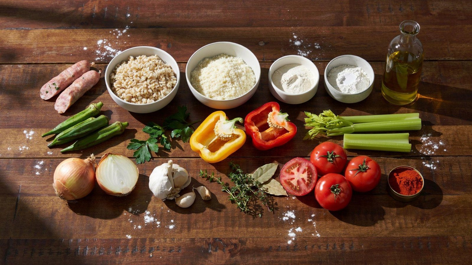 Healthy gumbo ingredient swaps with turkey sausage, cauliflower rice, brown rice, gluten-free flour, and fresh vegetables.