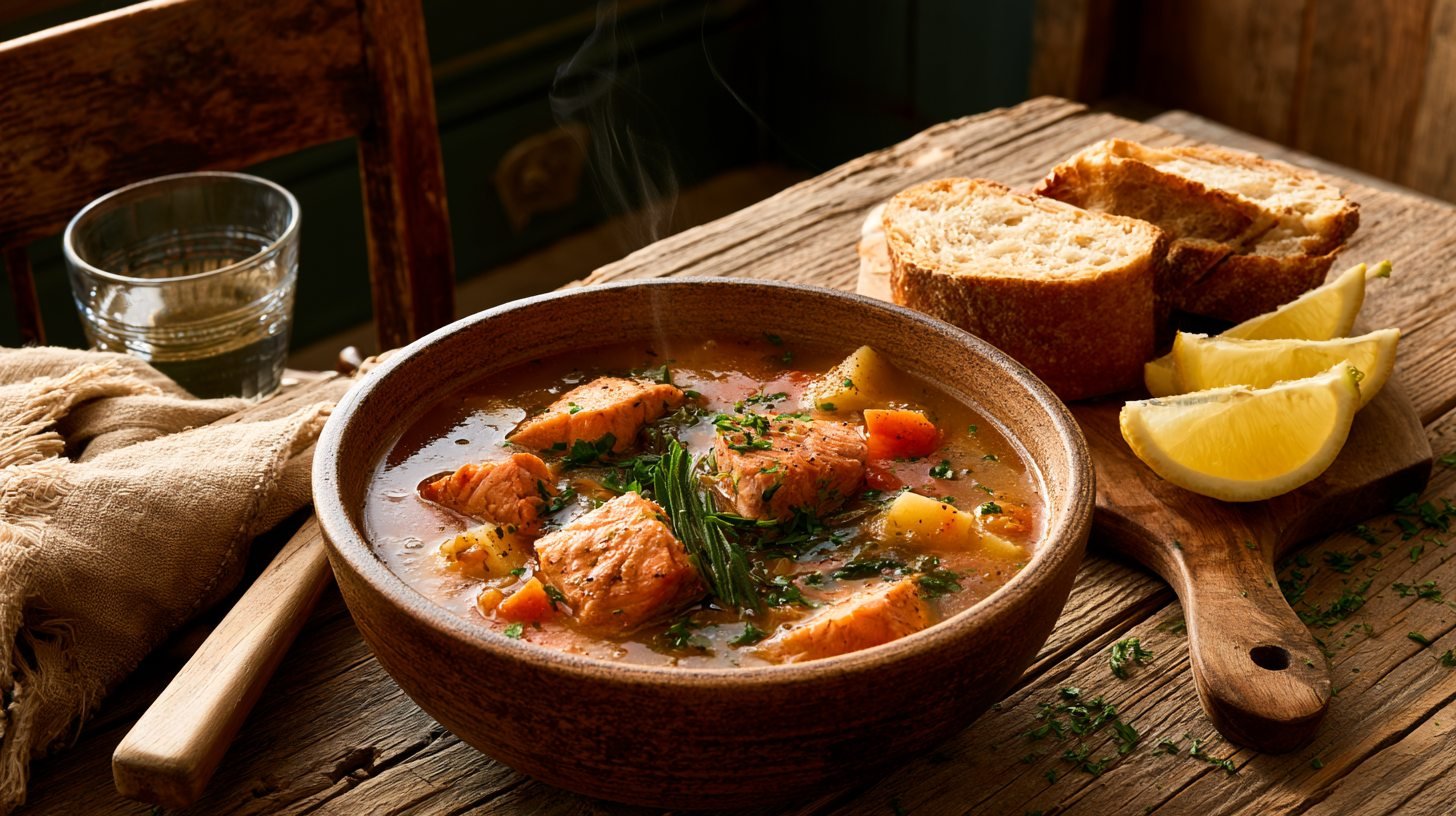 Hot salmon stew served with bread and lemon.