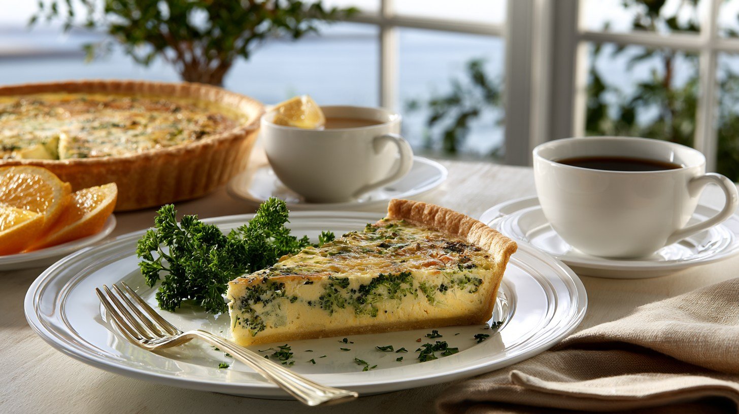Slice of easy broccoli quiche served for breakfast or brunch.