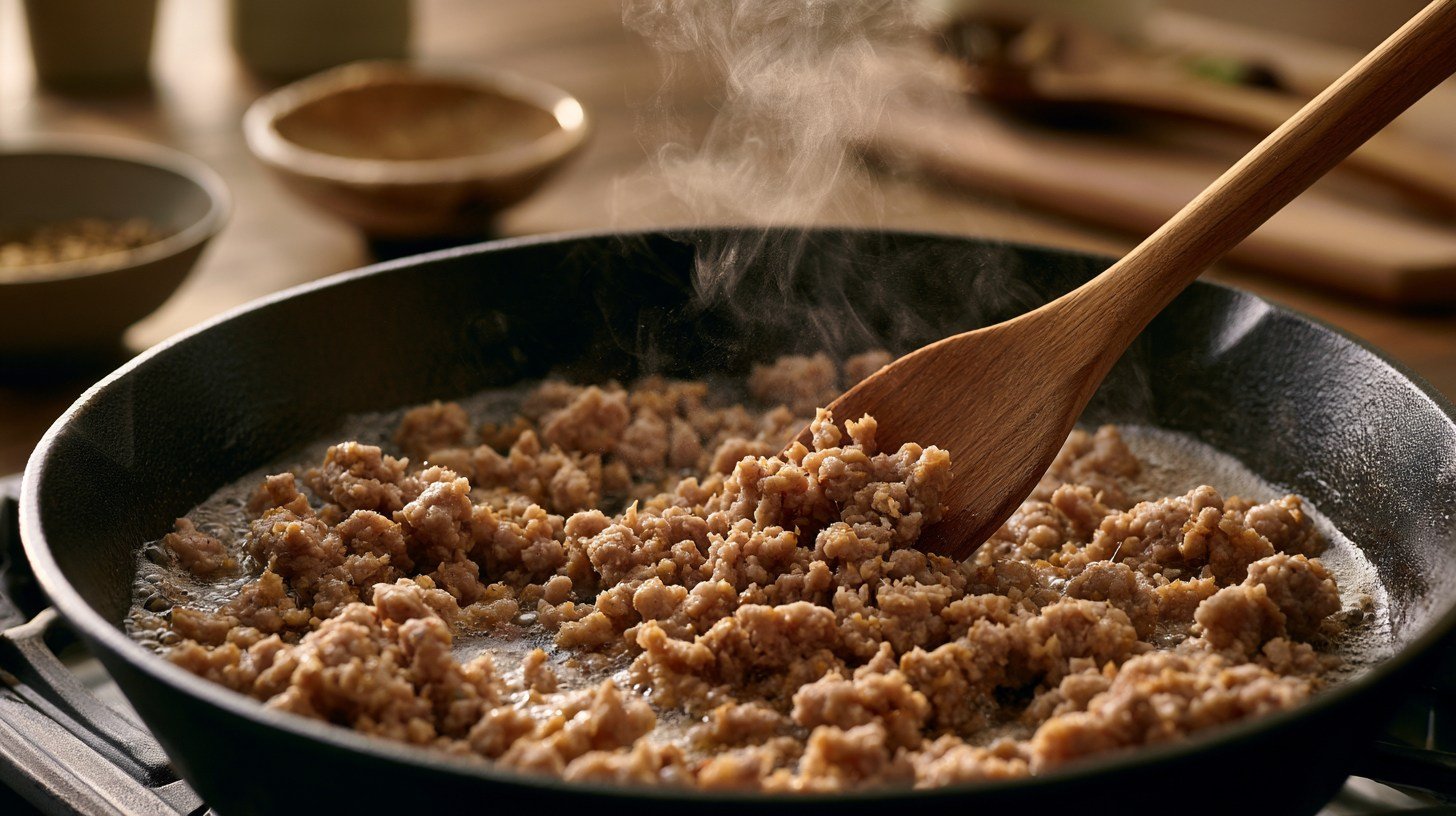 Breakfast sausage cooking in a skillet until browned.