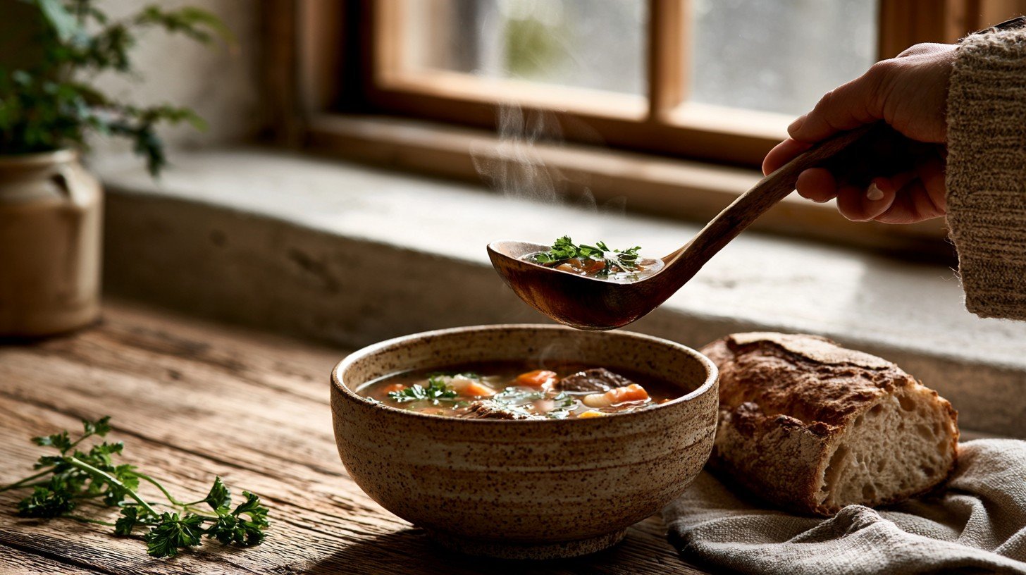 Serving homemade old fashioned vegetable beef soup.
