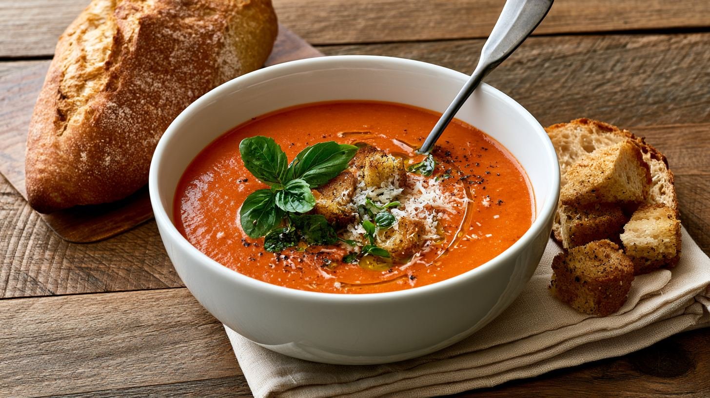 Creamy homemade cherry tomato soup served warm with basil, parmesan, croutons, and crusty bread.