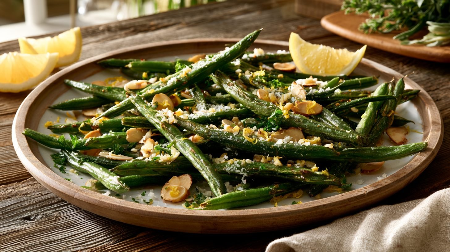 Hot roasted green beans topped with Parmesan, garlic, lemon zest, parsley, and toasted almonds, ready to serve.