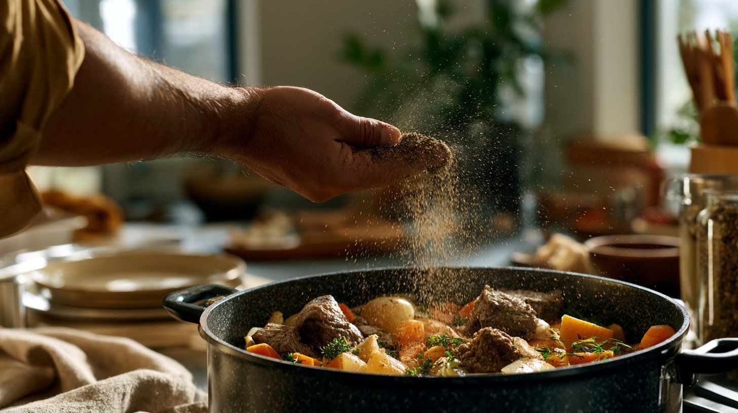 Chili spices being added to the pot.