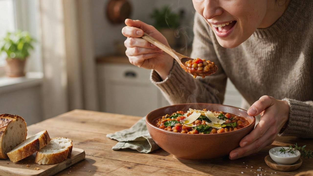 A close-up shot of a person eating marry me lentils from a rustic bowl.