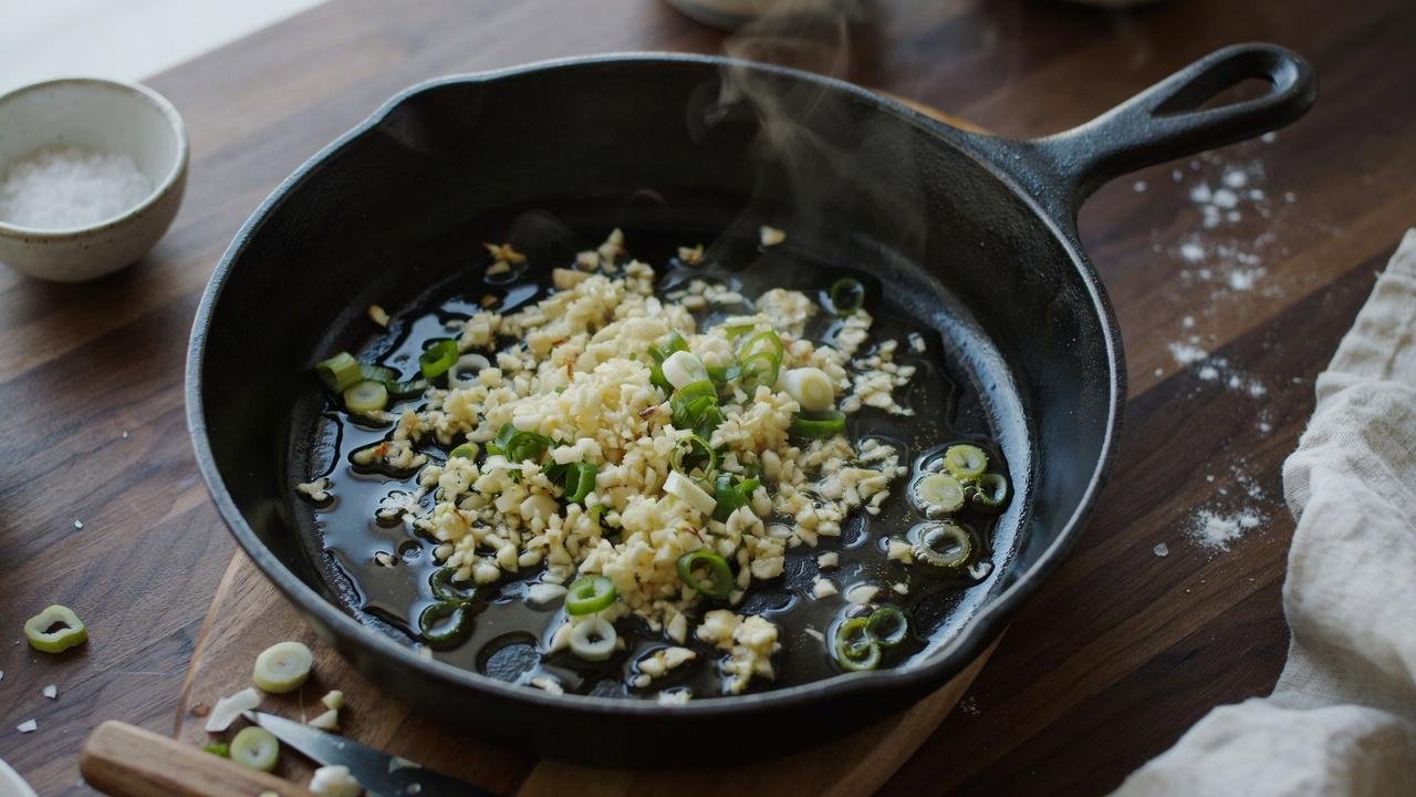 Garlic and scallions sautéing in olive oil to build the flavor base.