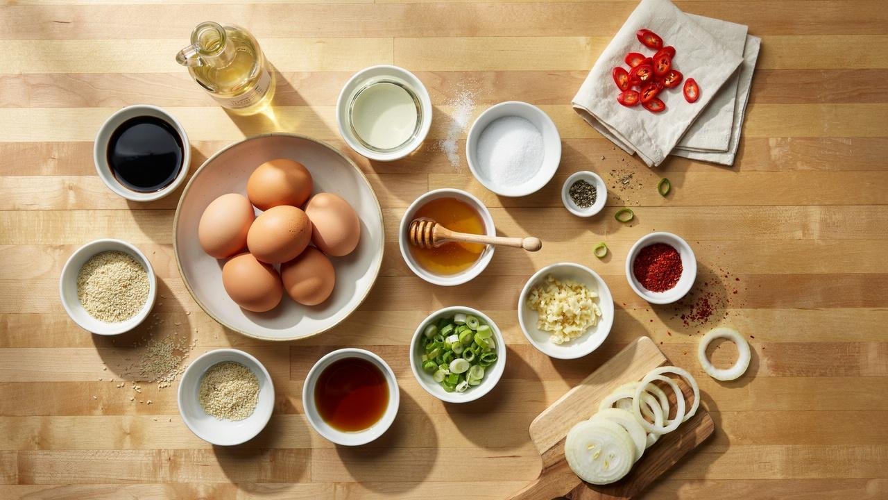 Overhead flat lay of eggs, soy sauce, garlic, green onions, sesame oil, gochugaru, and other ingredients for Korean drug eggs arranged on a wooden kitchen surface.