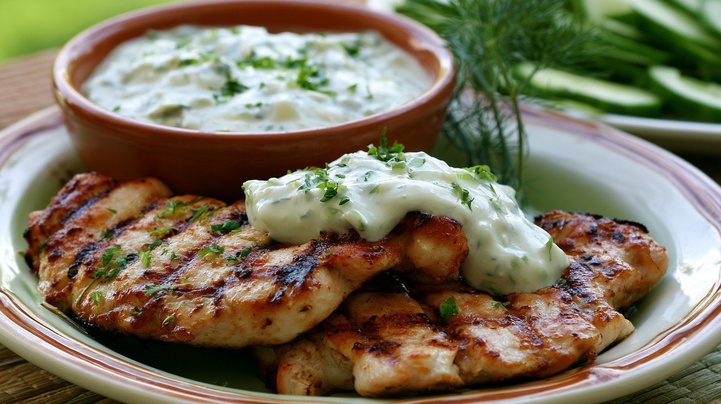 Grilled chicken pieces topped with avocado aioli dip, served with a bowl of the same sauce.