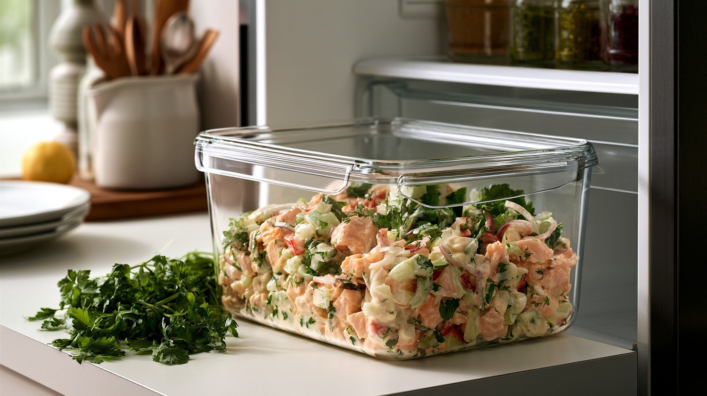 storing leftover salmon salad in the refrigerator.