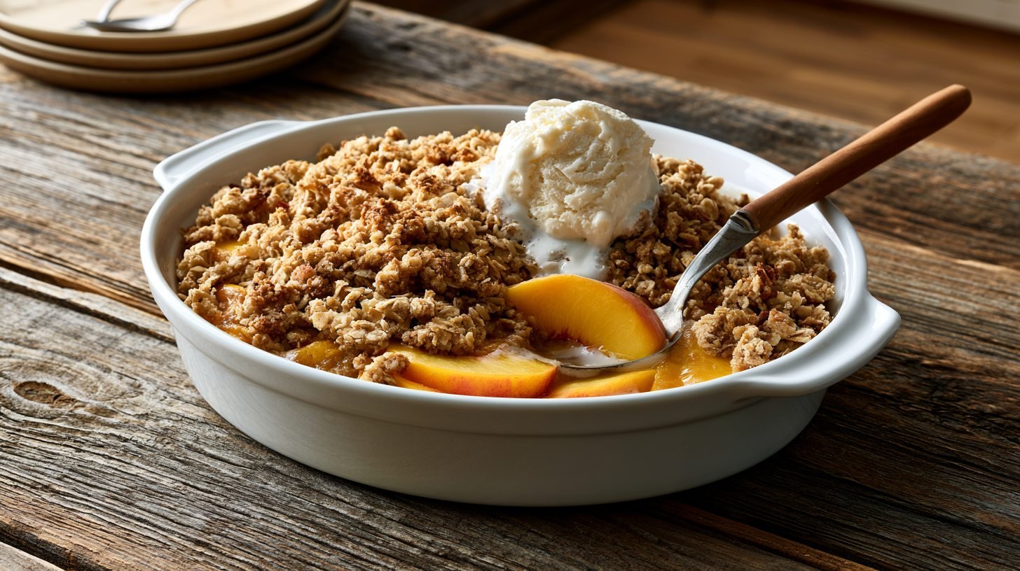 Healthy peach crisp with golden oat topping and vanilla ice cream in a baking dish.