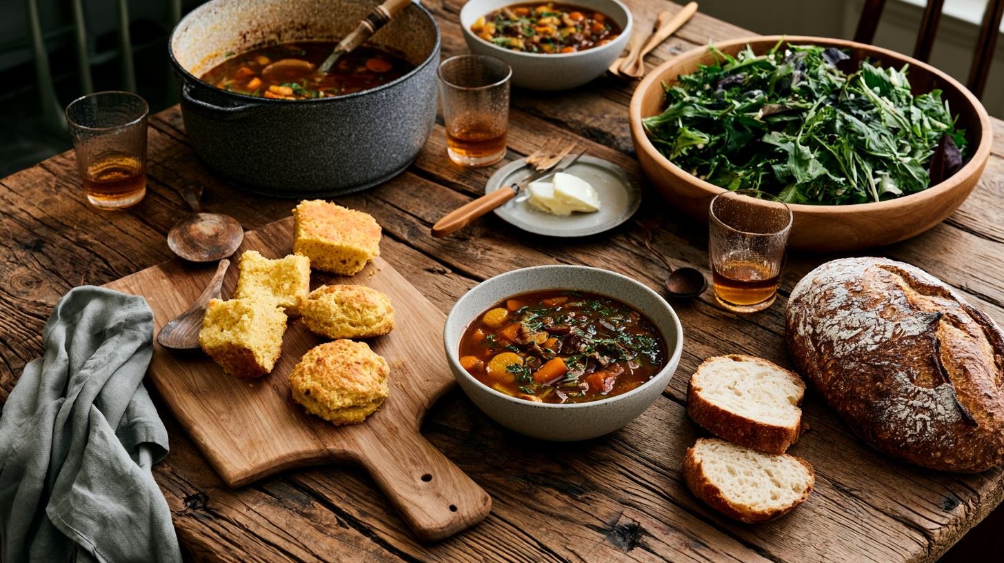 Vegetable beef soup served with bread, biscuits, and salad.