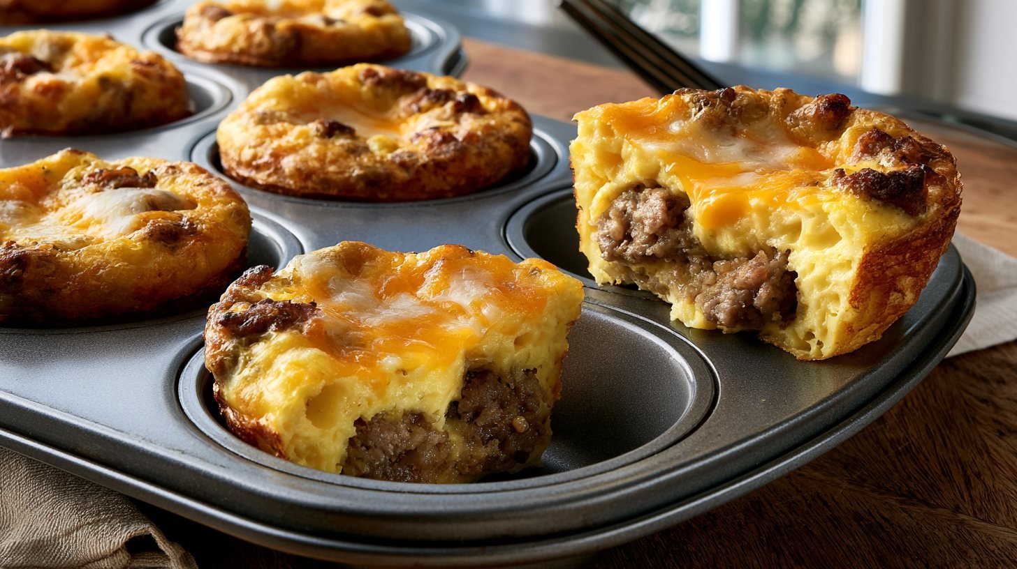 Freshly baked egg and sausage bites in a muffin tin showing their fluffy texture.
