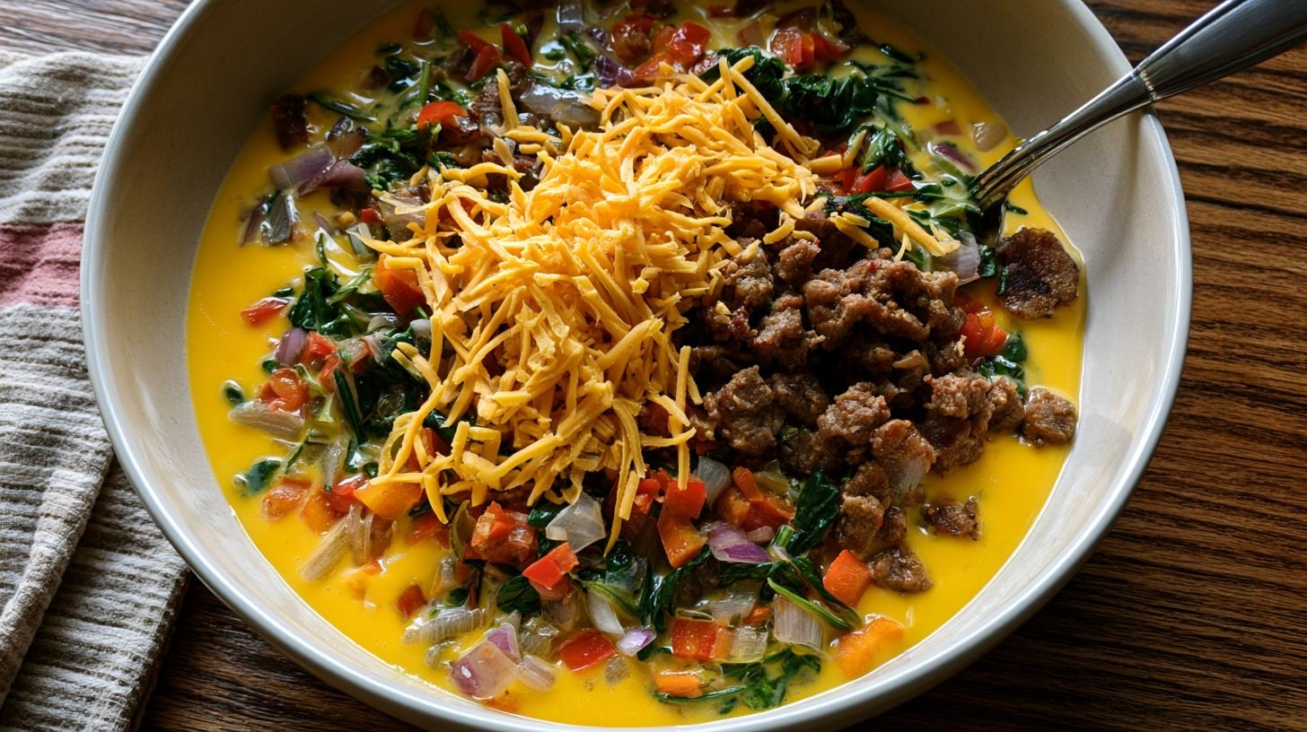 Mixing cheese, vegetables, and sausage into the egg mixture.
