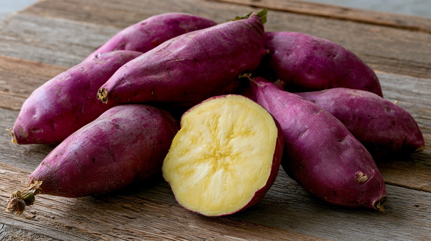 Whole and sliced Japanese sweet potatoes with purple skin and yellow flesh.
