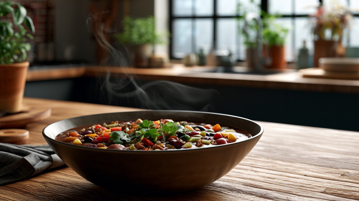 Bowl of healthy homemade chili with lean meat, beans, and vegetables.
