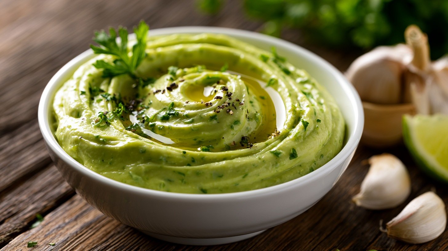 Bowl of creamy avocado aioli topped with olive oil, herbs, and black pepper on a wooden table.