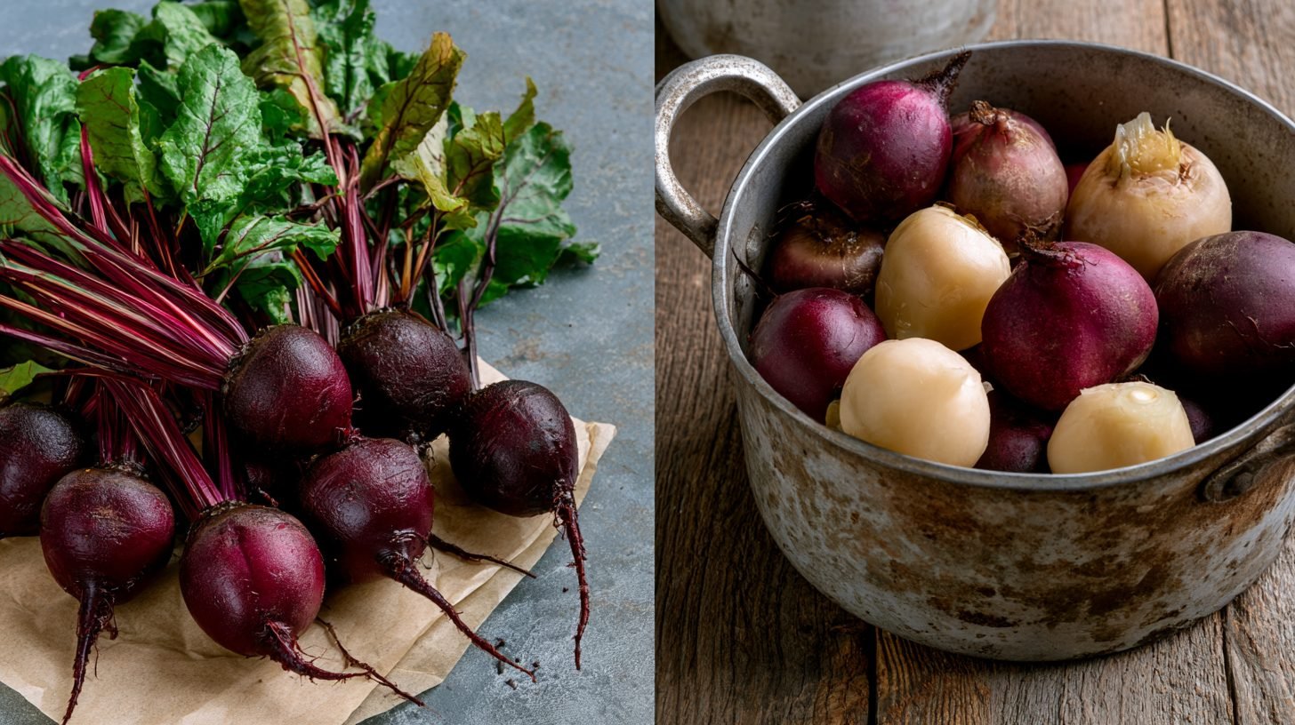 Whole roasted beets compared with boiled beets on a wooden board.