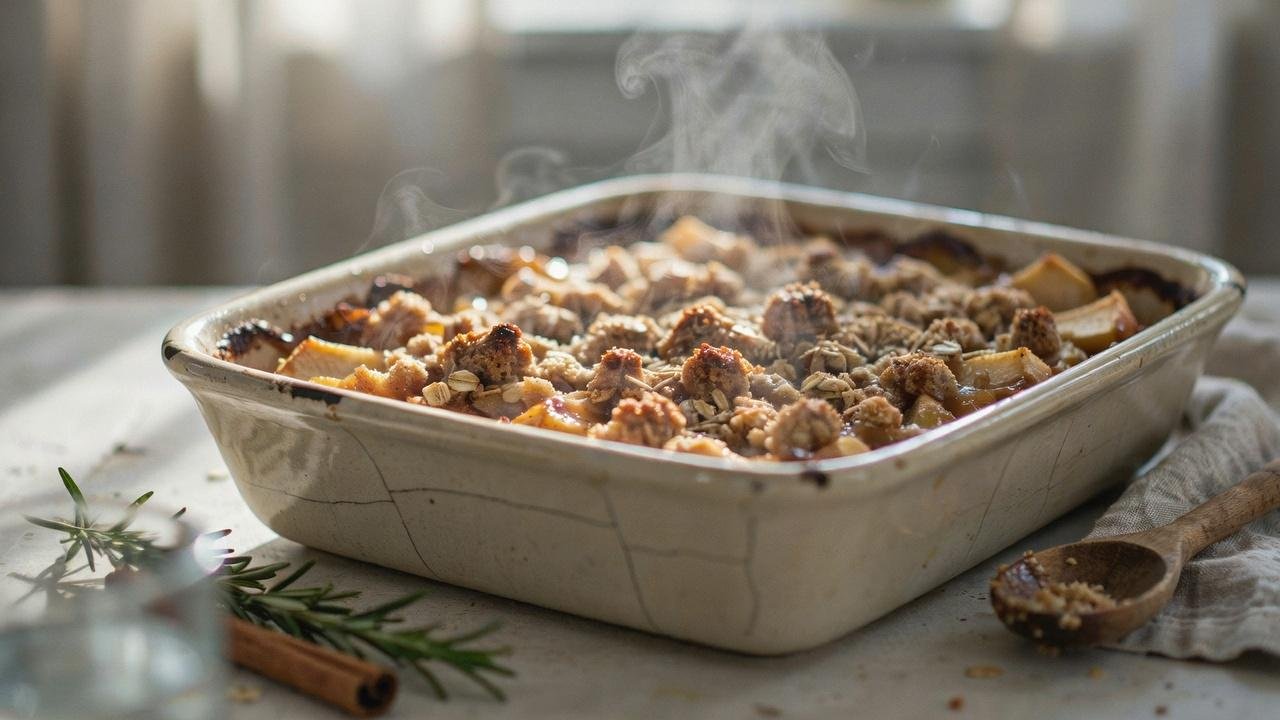 A close up shot of the baked apple crisp fresh out of the oven, soft golden brown apples bubbling under a crumbly light golden topping.