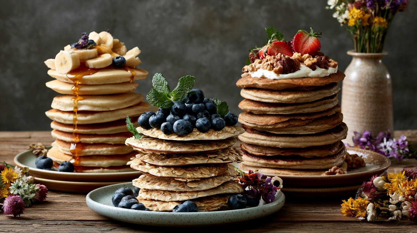 Different healthy Greek yogurt pancake variations including banana and blueberry.