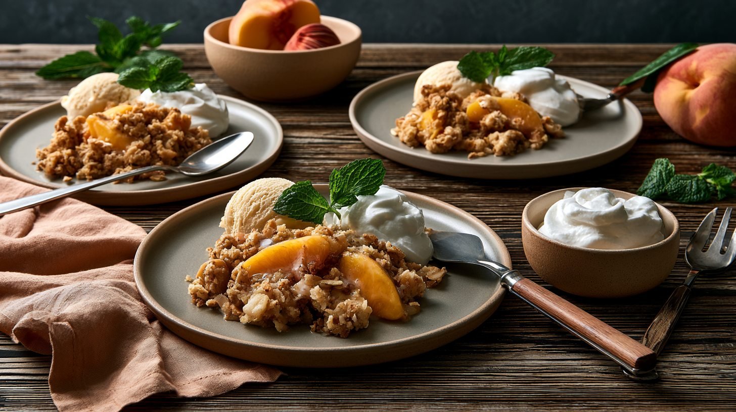 Healthy peach crisp served with yogurt, ice cream, and fresh mint.