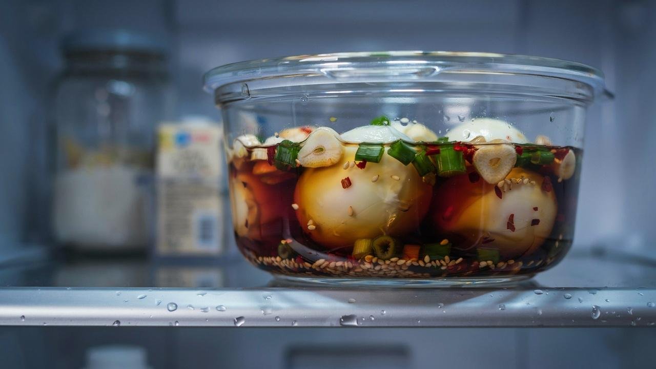 Peeled soft-boiled eggs soaking in a flavorful soy sauce marinade inside a glass container.