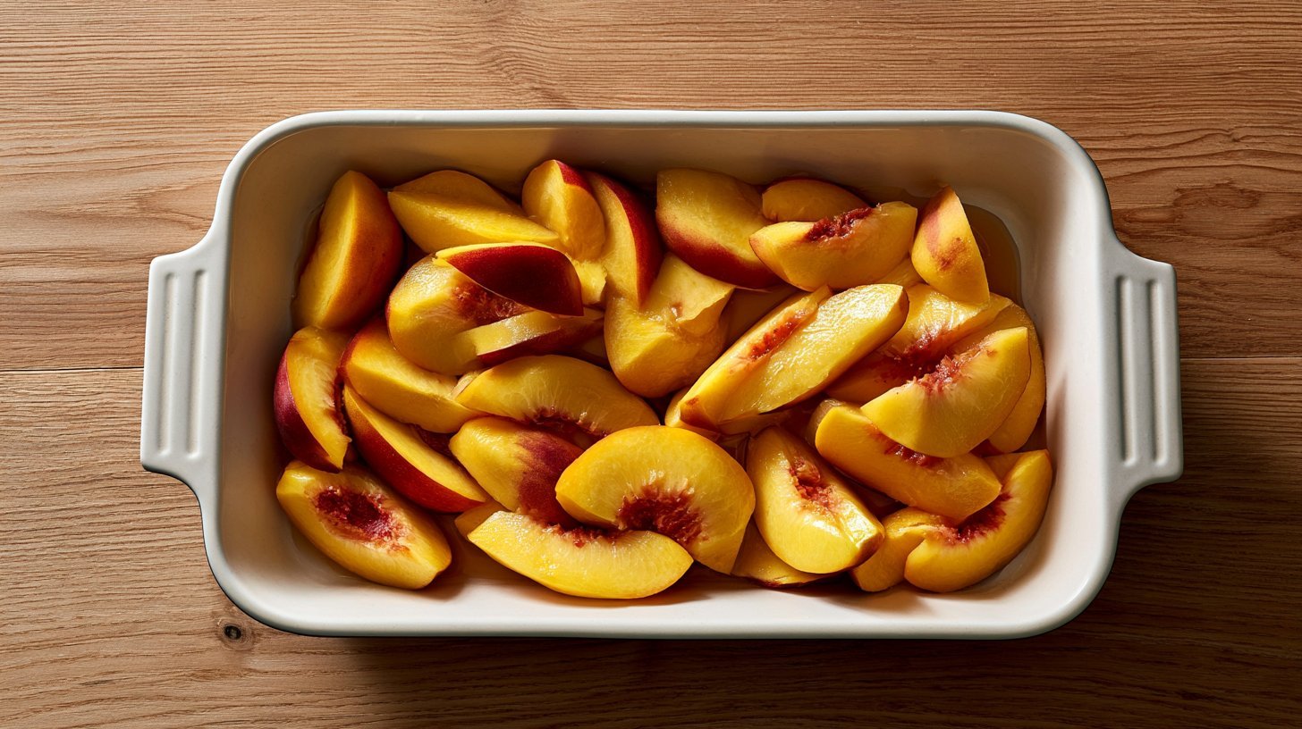 Sliced peaches mixed with sweetener and lemon juice for peach crisp filling.