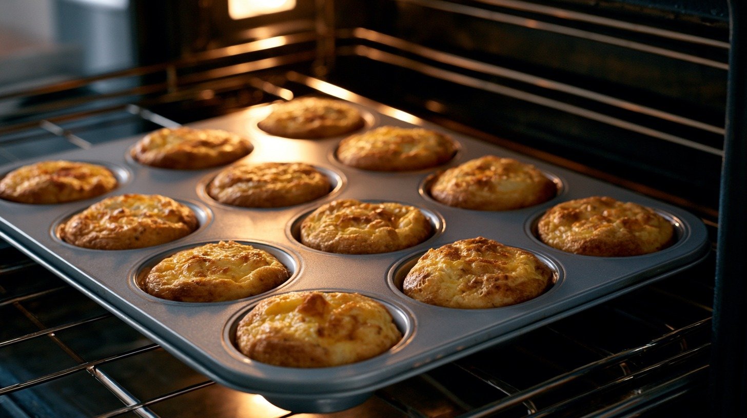 Egg and sausage bites baking in the oven until golden.