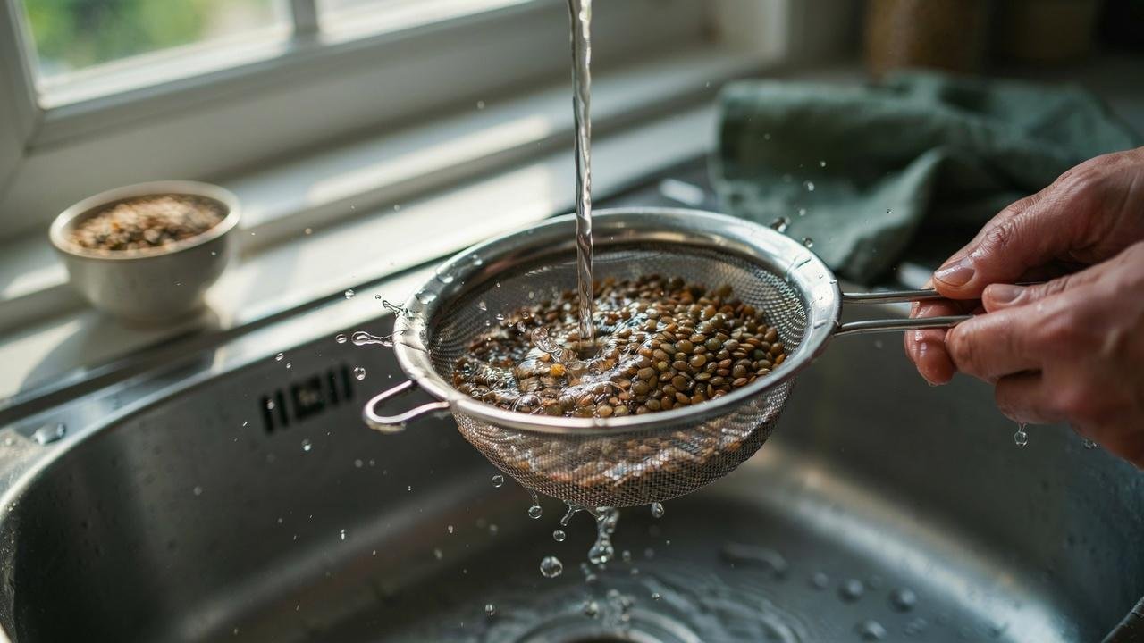 Close-up shot of dried lentils being rinsed under running water in a fine mesh strainer.