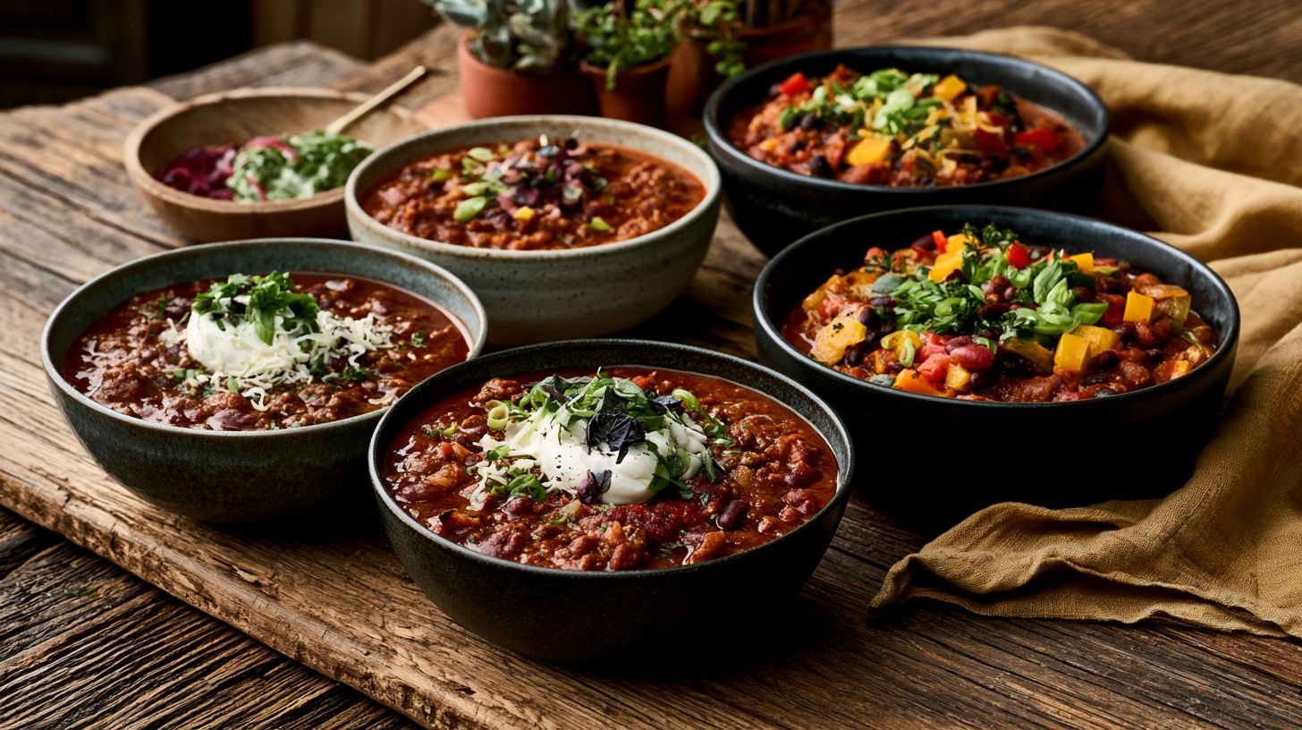 Different healthy chili variations served in separate bowls.